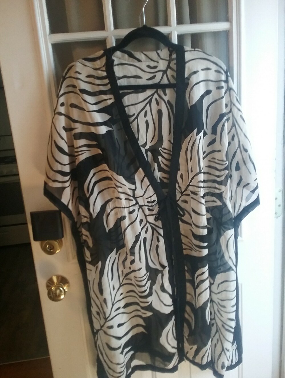 Black and White Kimono with Tropical Leaf Pattern
